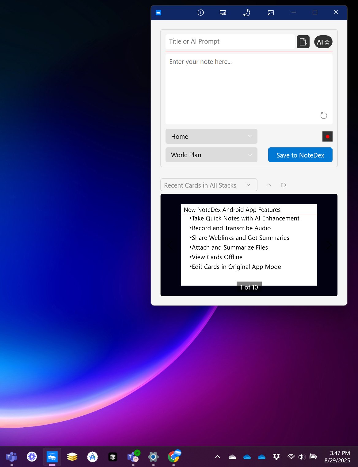 Click the Always on Top icon and the app changes from Desktop to AOT mode