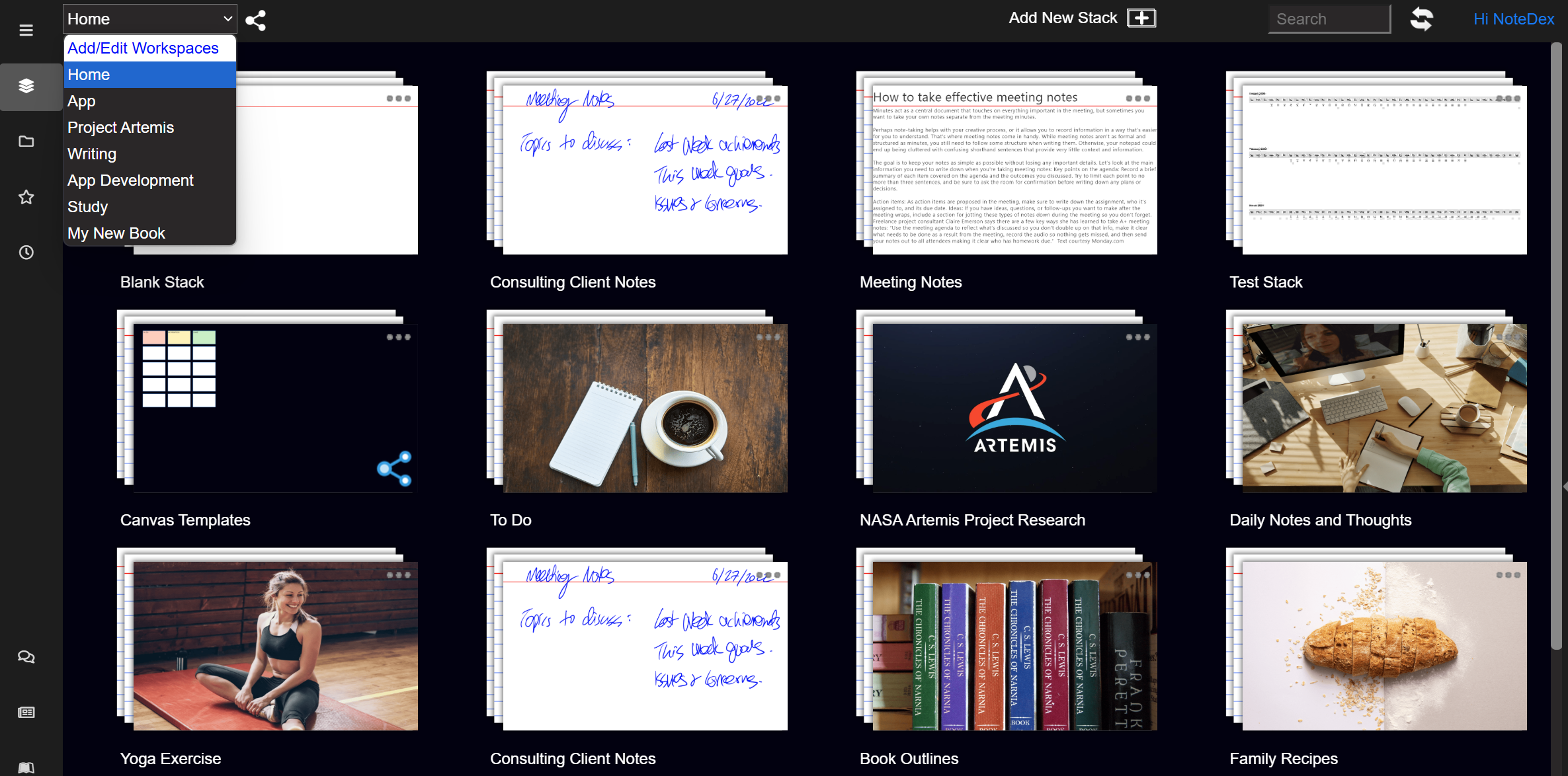 NoteDex features Workspaces, which contain one or  more of your Stacks