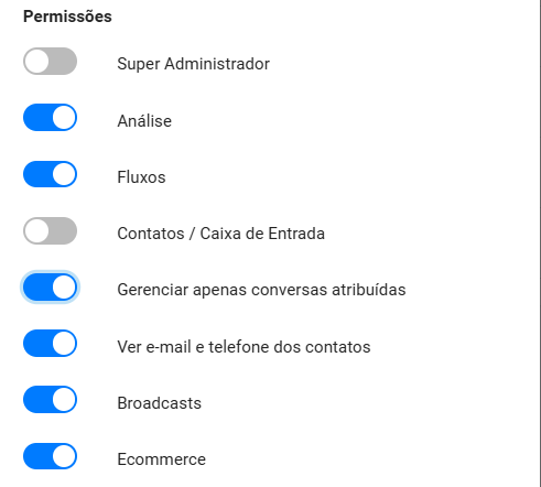 Super Administrador: <br>Tem acesso total a todas as funcionalidades e configurações do sistema. <br><br>Análise: <br>Permite acessar dados analíticos da plataforma, como relatórios de desempenho e outras informações estatísticas.<br><br>Fluxos: <br>Permissão para o administrador gerenciar e criar fluxos de automação. <br><br>Contatos / Caixa de Entrada: <br>Permite visualizar e gerenciar TODOS os contatos e a caixa de entrada. Esta função desativada libera a função para o usuário gerenciar apenas conversas atribuídas<br><br>Gerenciar apenas conversas atribuídas: <br>Permite visualizar e gerenciar apenas os contatos e a caixa de entrada atribuídos para o usuário<br><br>Ver e-mail e telefone dos contatos: <br>Pode visualizar os e-mails e números de telefone dos contatos registrados.<br><br>Broadcasts: <br>Dá acesso à funcionalidade de enviar mensagens em massa (broadcasts).<br><br>Ecommerce: Esta permissão da acesso às funcionalidades de comércio eletrônico, permitindo que o administrador gerencie compras, vendas, e interações realizadas através do bot.