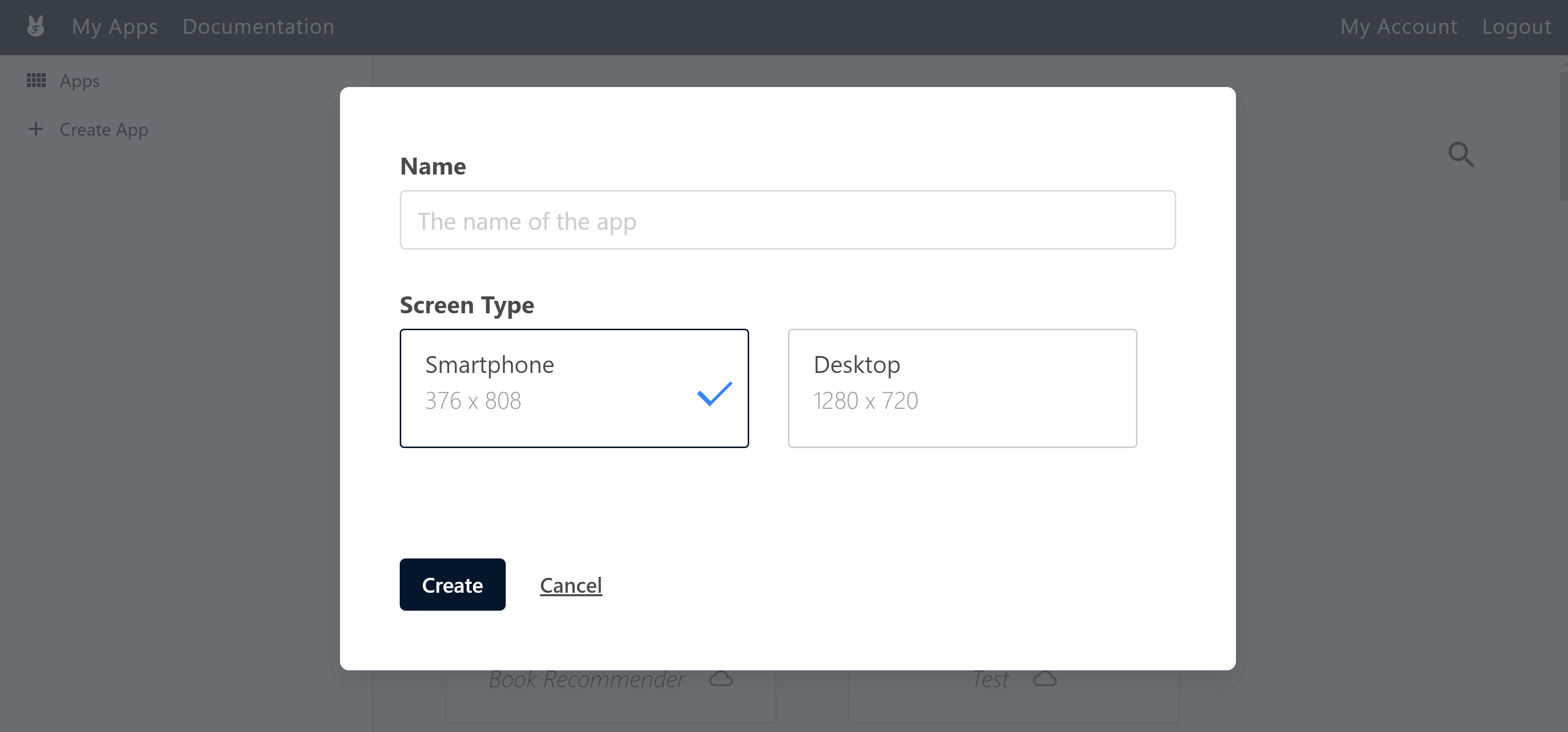 Choose whether you want to start creating a mobile or desktop app in this dialog.<b> In this early developmental state of Flowrabbit, we recommend starting out with mobile applications</b> (choose 