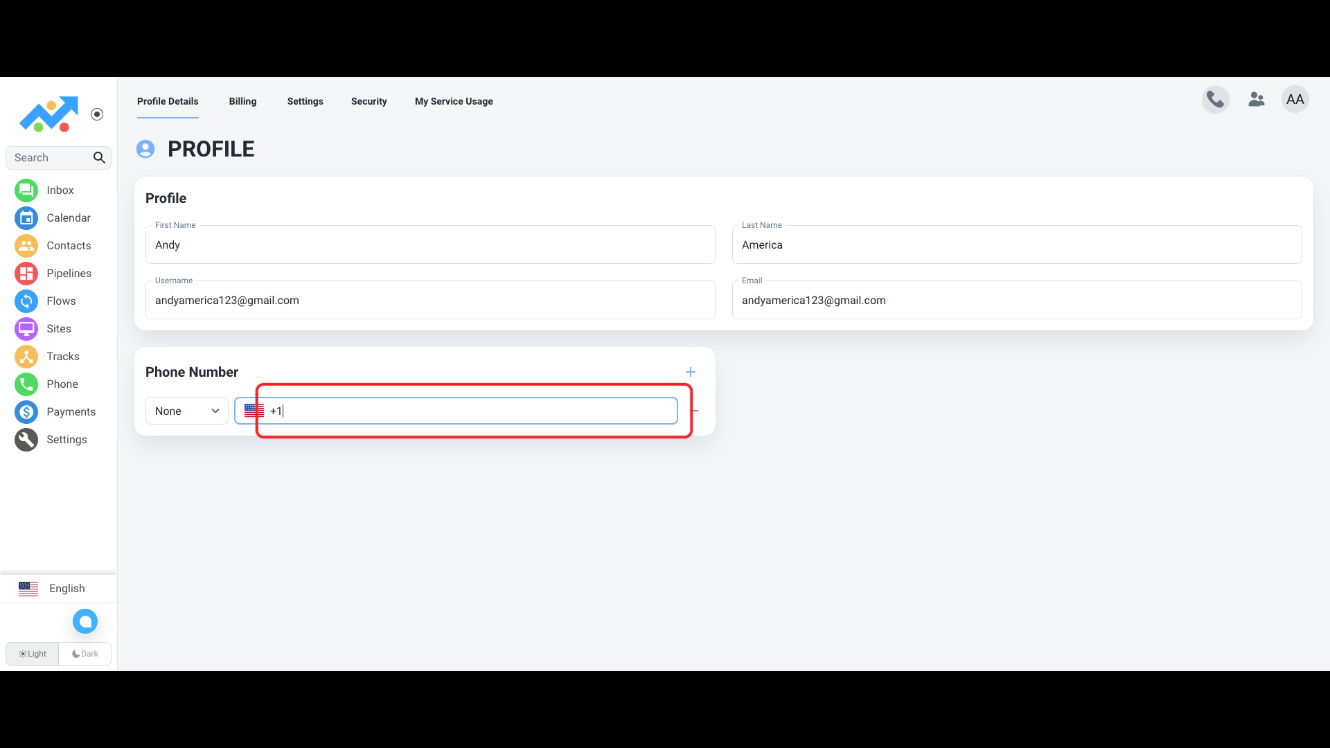 Ingrese el tipo de teléfono y el número real