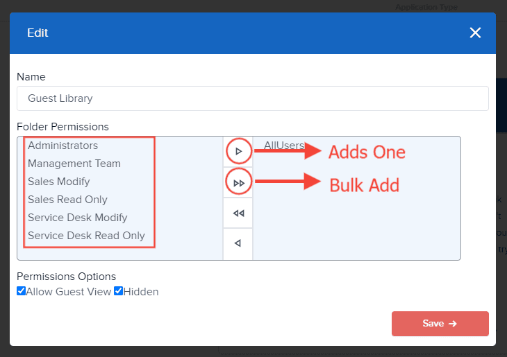 <i><b>Note</b>: This grants the group access to the folder. You can add one group or multiple groups at once.</i>