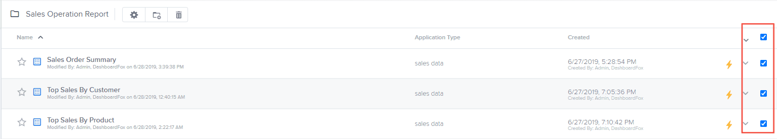 <i><b>Note</b>: You can click on the box at end of the headers to select all reports and dashboard within that folder.</i>