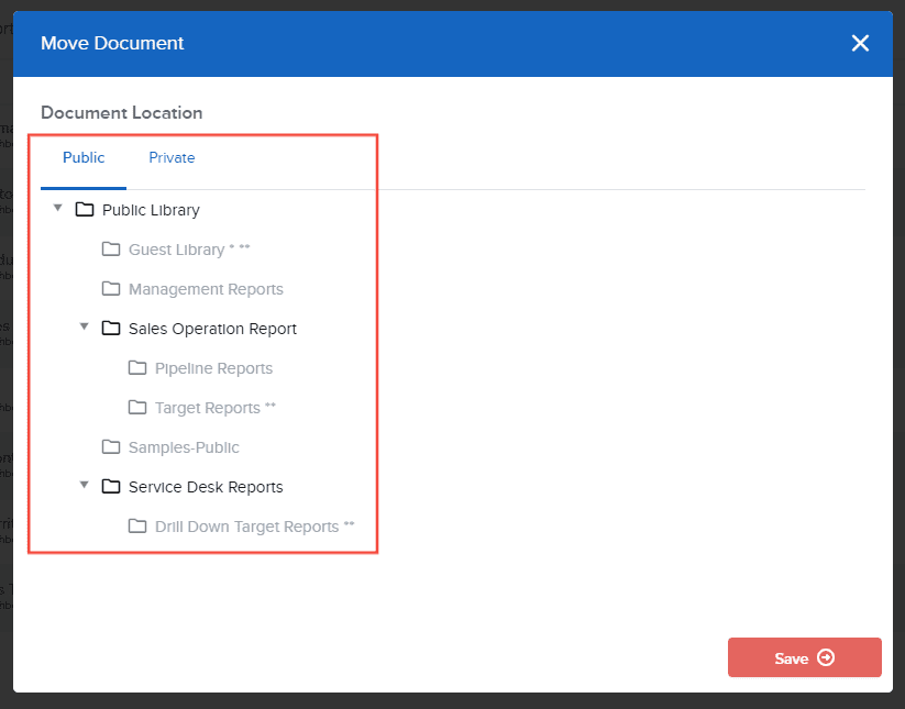 <i><b>Note</b>: You can only move a report or dashboard to a folder the logged in user has a modify permission to it. However, you can always move it to your own private library.</i>