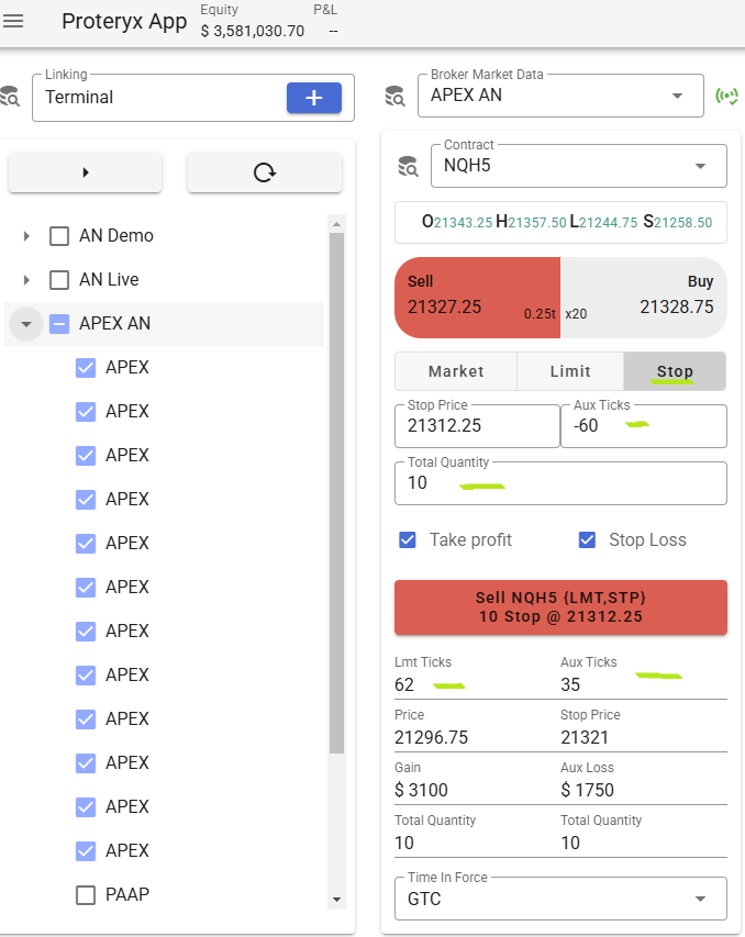 We need to create a stop-limit order (we first create the sell order) with a potential slippage of -60 ticks (Very important to outset the order entry), we select the max amount of contracts and enable the TP and SL bracket orders. we just need 62 ticks with 10 NQ contracts in order to make 3100 usd. We set the SL at 35 ticks. Hit Send.