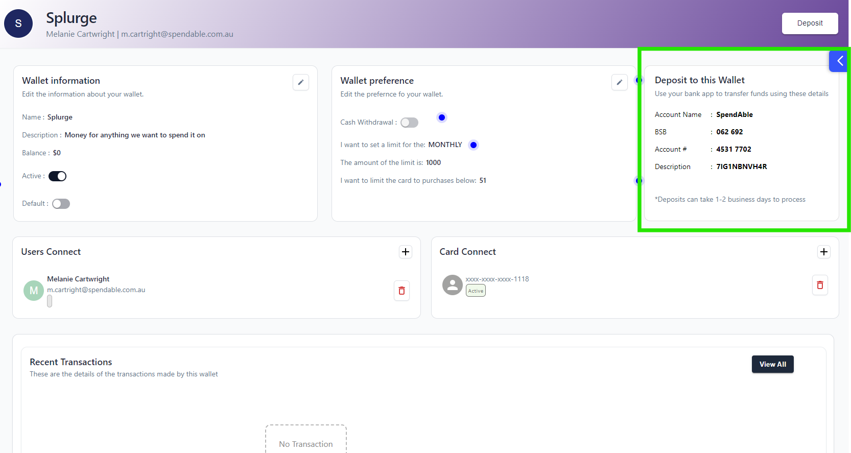 Where to find the deposit details for the wallet