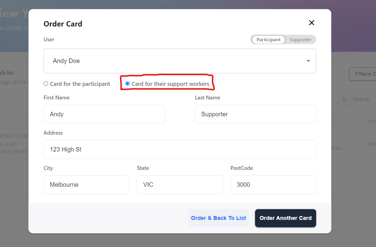 Example of the order card form to select a card for their support workers