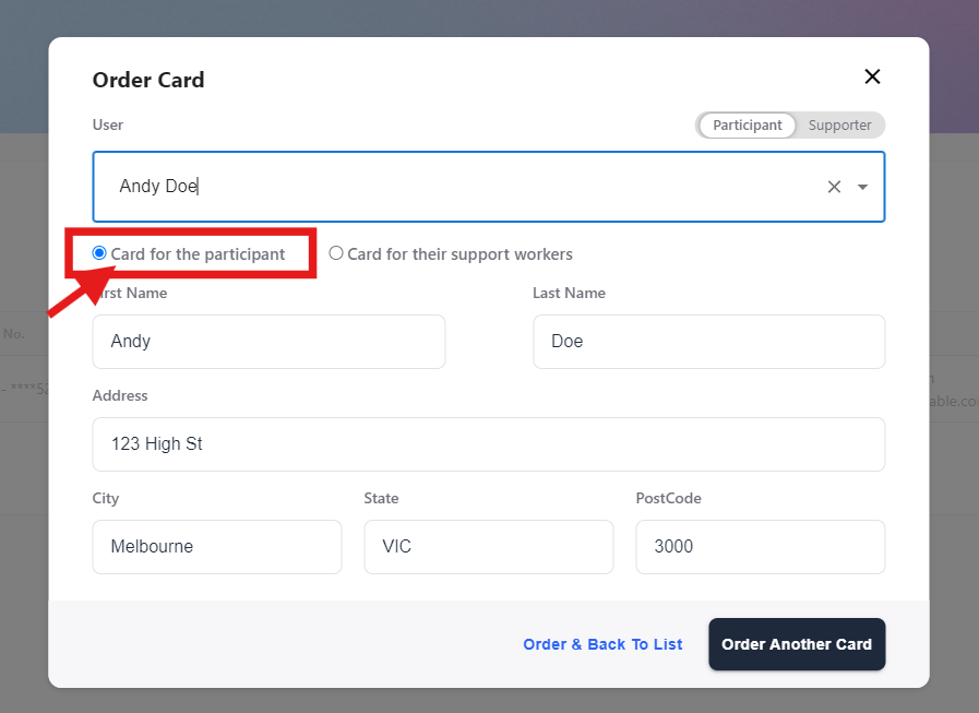 Screenshot of ordering a card for a participant