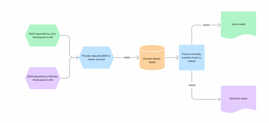 Provider deposits money directly to their master account and they internally transfer to participant wallets in SpendAble