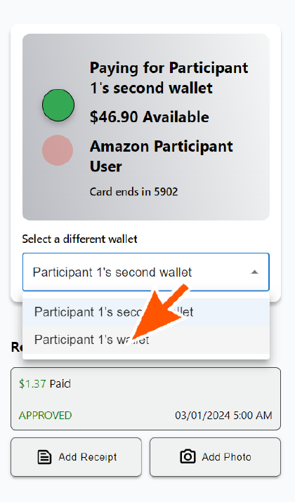 The easy dropdown selection for a participant changing their wallet