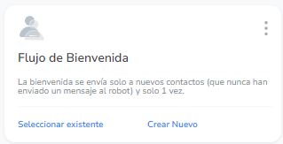 La bienvenida sólo se envía a los nuevos contactos (aquellos que nunca han enviado un mensaje al robot) y sólo una vez. Este debe ser el flujo que tiene el saludo inicial + recopilación de datos básicos como nombre.
