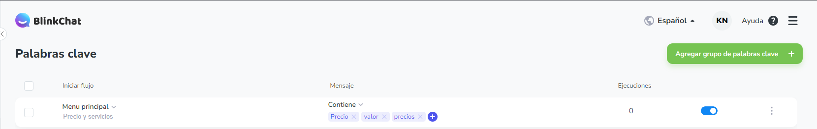 Esta funcionalidad es muy utilizada para iniciar un flujo específico exclusivamente eligiendo palabras clave. Para optimizar aún más esta capacidad, puede crear grupos de palabras para designar flujos específicos.
