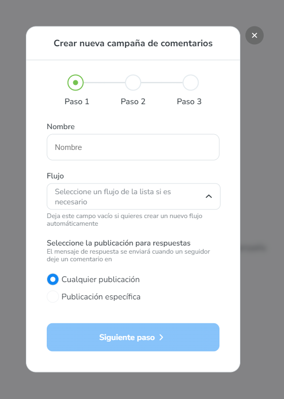 Si le gustaria activar un flujo cada vez que se hace un comentario en una de sus publicaciones, debe habilitar las campañas. Habilítelo en Campañas.