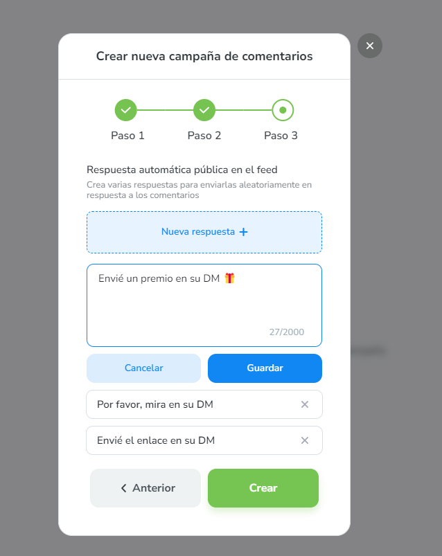 Configure la respuesta automática pública en el feed. Cree varias respuestas para enviarlas de manera aleatoria en respuesta a los comentarios.