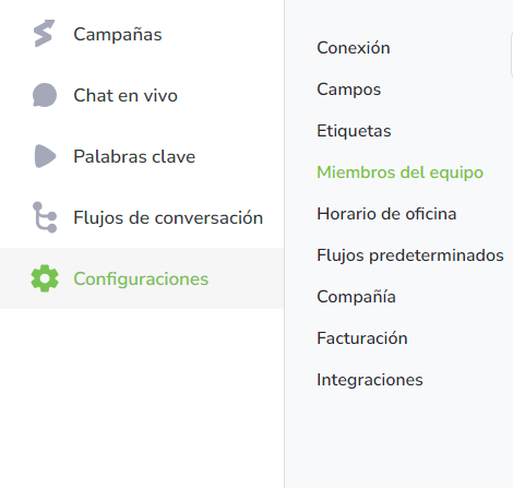 Acceda Configuraciones > Miembros del equipo