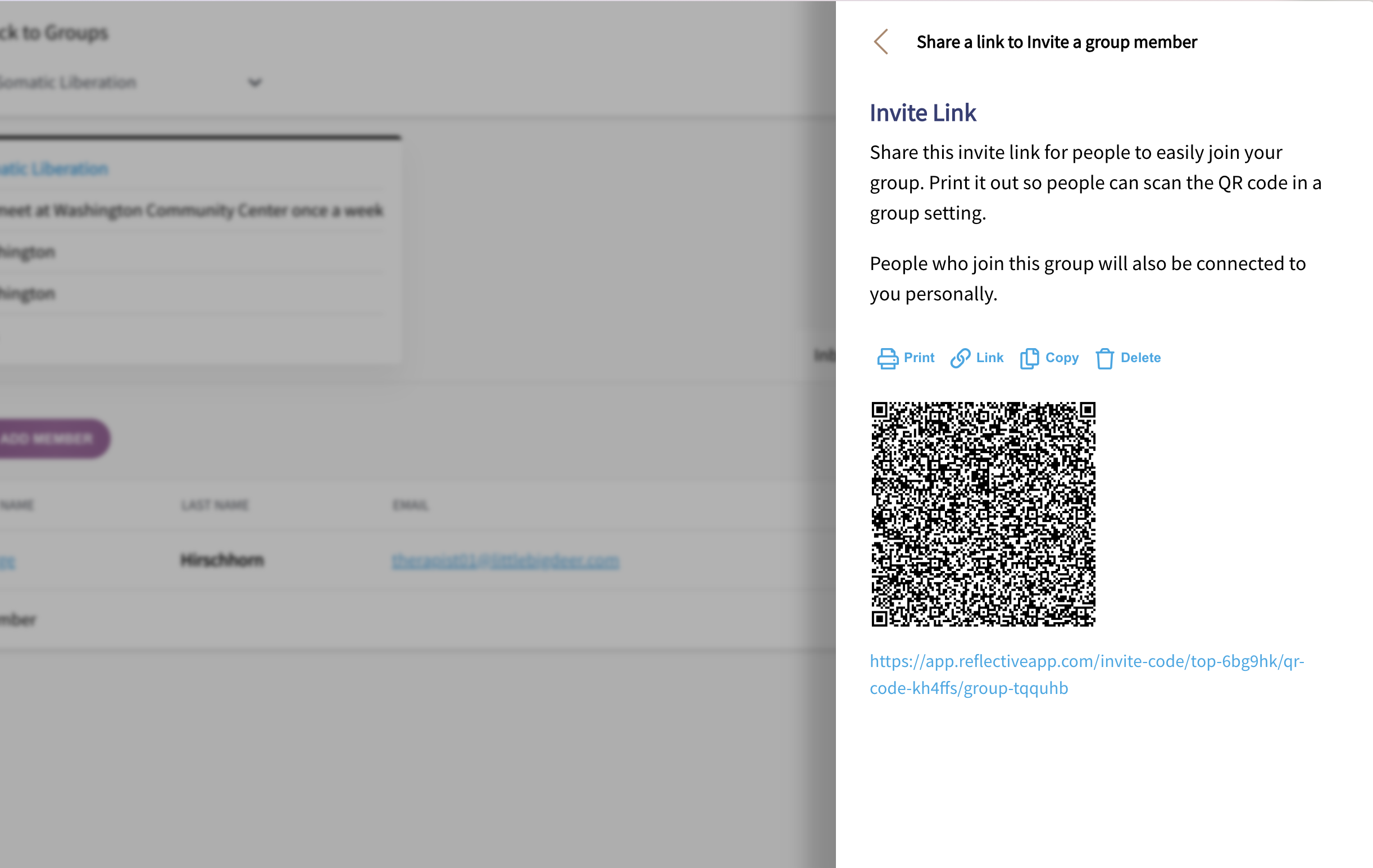 Generated QR code with action buttons