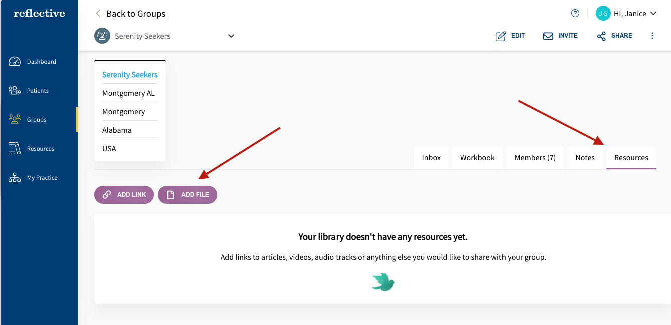 Adding a file or link in the group Resources tab