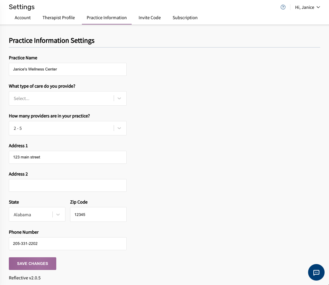 View of the Practice Information tab in User Settings