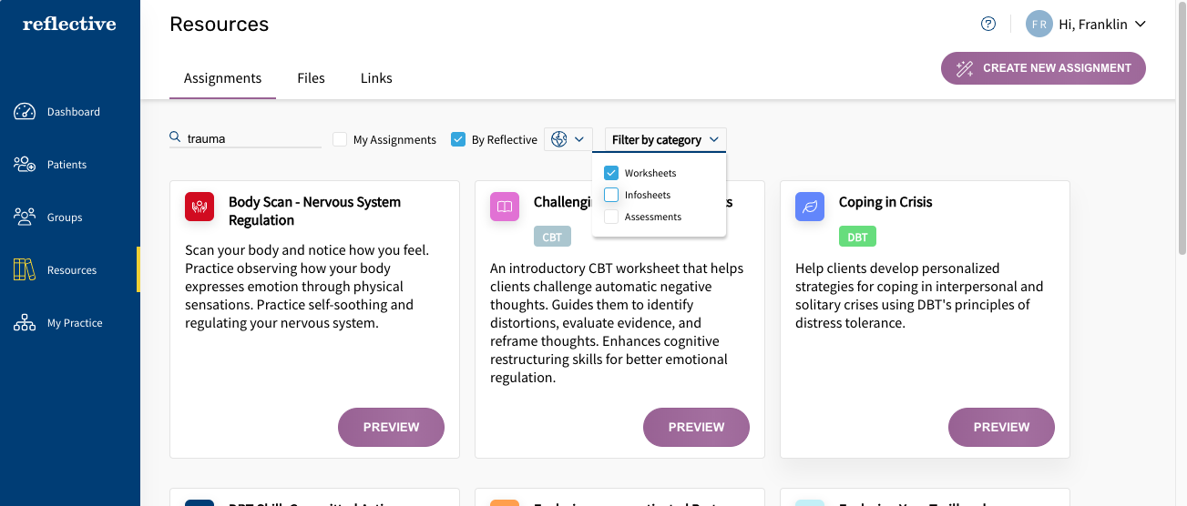 Filter the list to find the assignments you want to add.