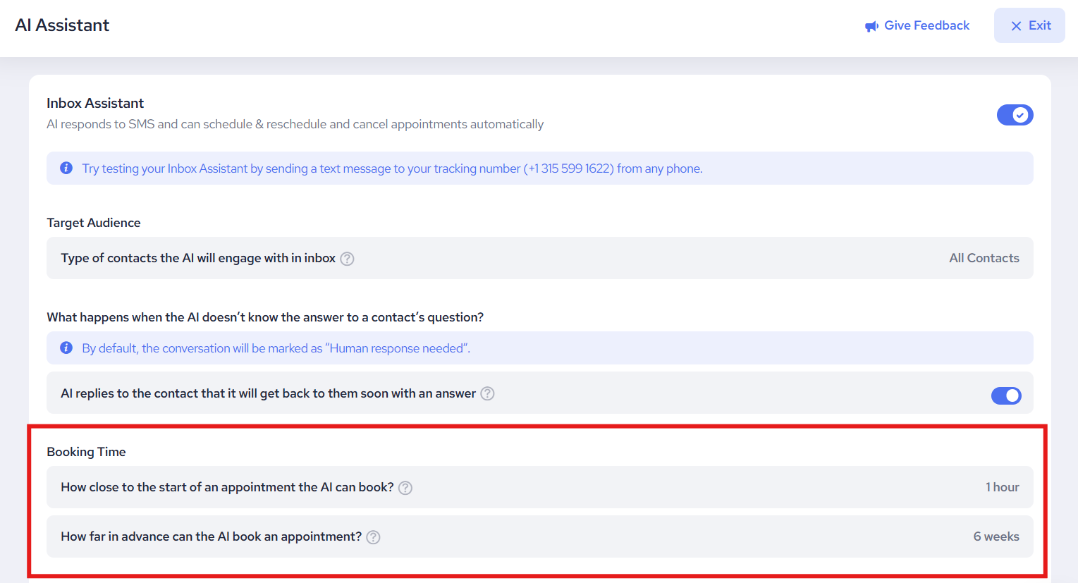 AI Assistant Settings For Booking Time