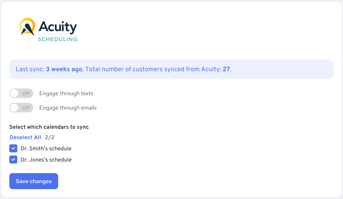 Acuity Scheduling Integration Main Page
