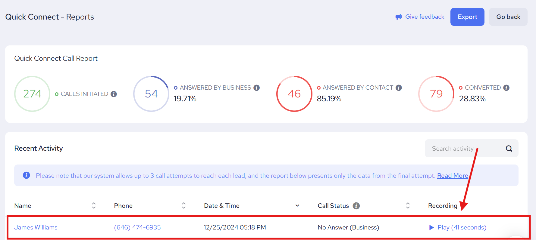 Quick Connect Report Page