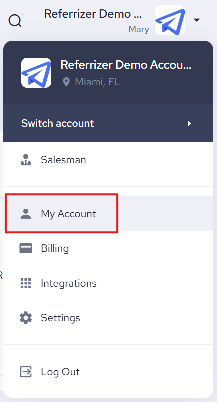 Top Navigation Bar Drop Down Menu -  My Account Page
