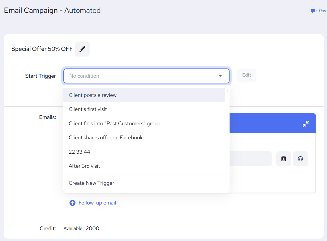 Start Trigger Setting Up On Automated Campaign Editor