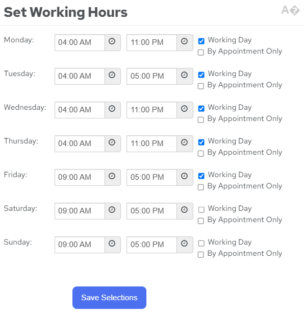 Set Working Hours Pop Up