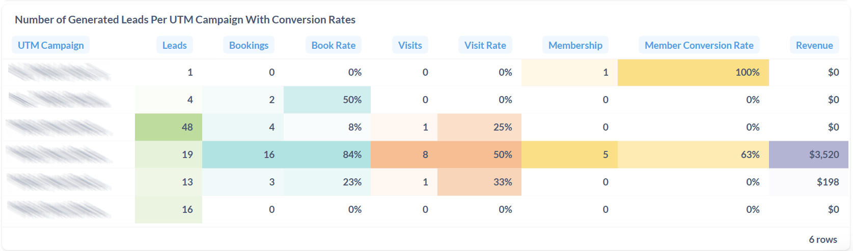 Number of Generated Leads Per UTM Campaign With Conversion Rates (1st Table)
