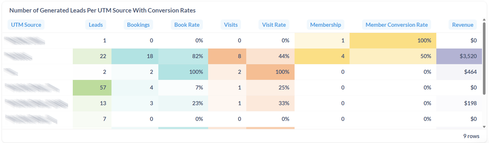 Number of Generated Leads Per UTM Source With Conversion Rates (2nd Table)