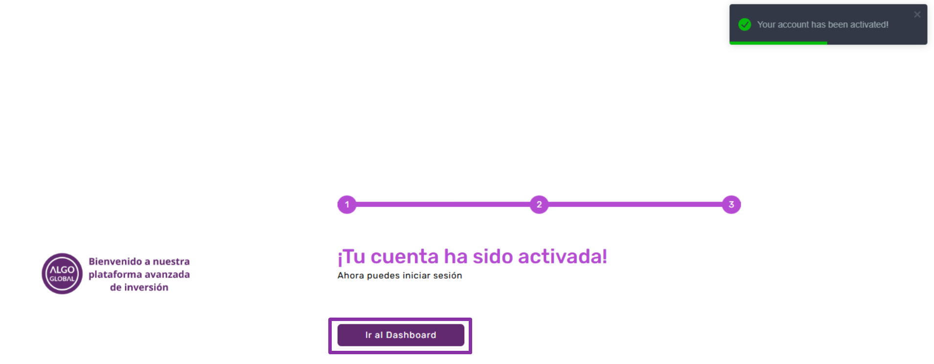 Al seleccionar Ir al Dasboard ingresará a la plataforma