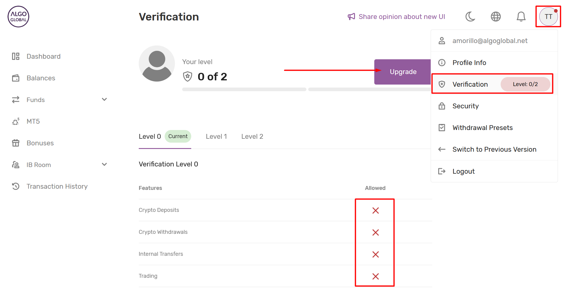 Tenga en cuenta que con nivel de verificacion (0) no podra depositar.<br>