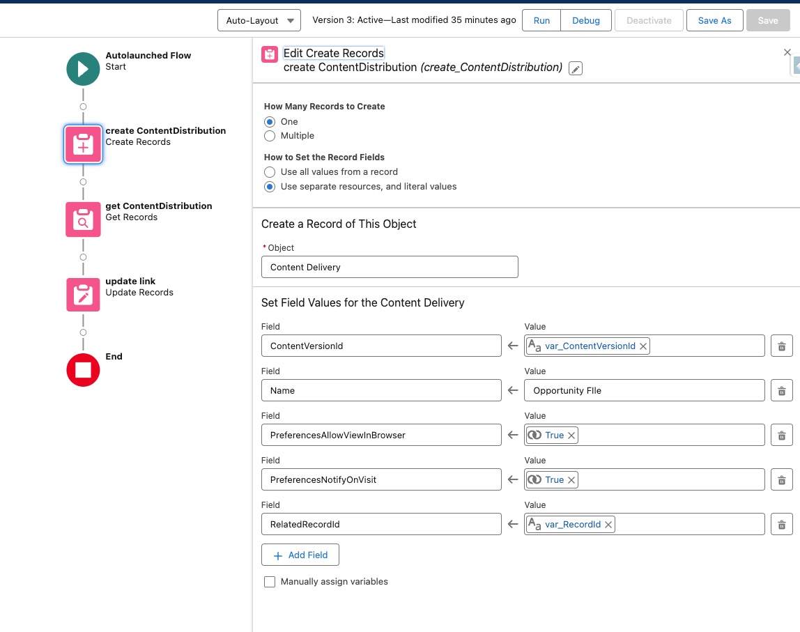 create ContentDistribution in a Flow